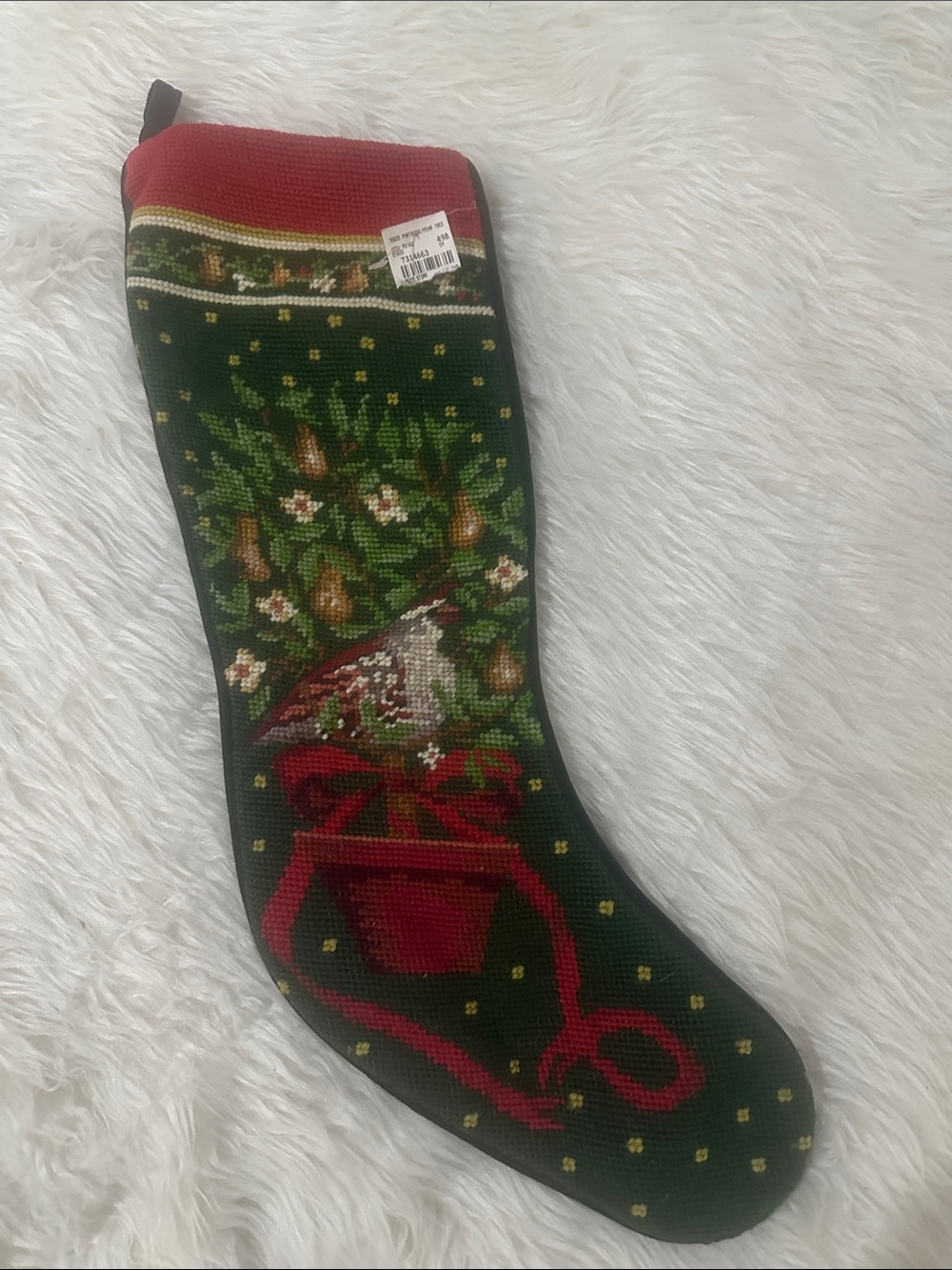 Source Unknown Green and Red Needlepoint Holiday Stocking with Bird Motif